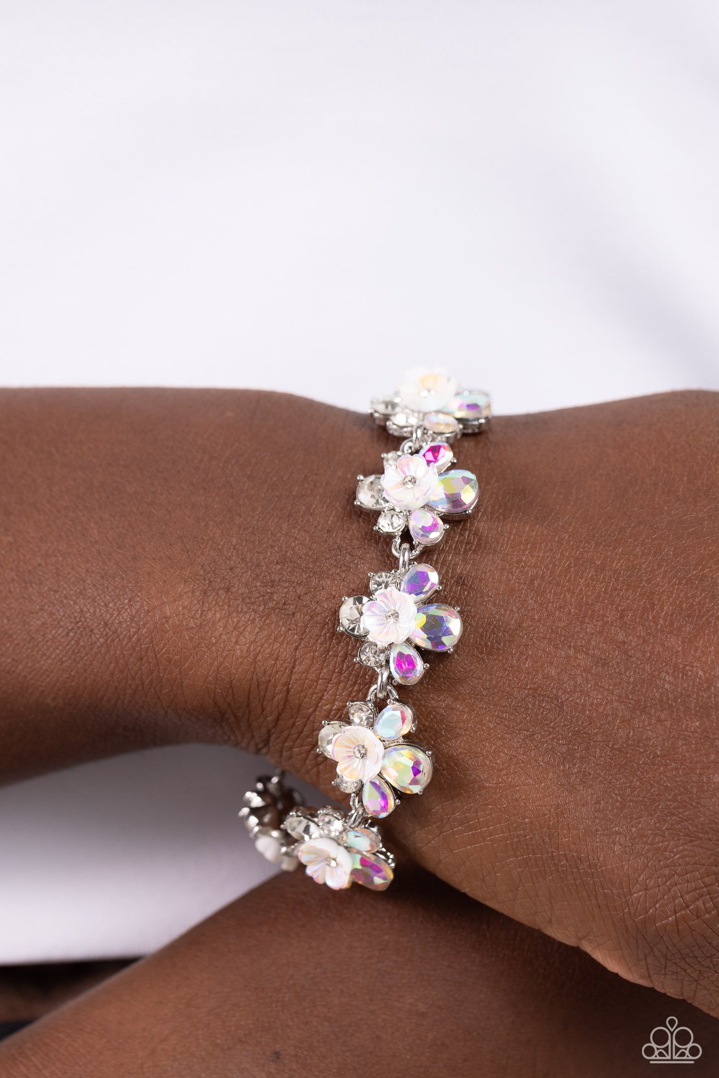 Floral Frenzy - White - Iridescent Flower Clasp Bracelet - Paparazzi Accessories