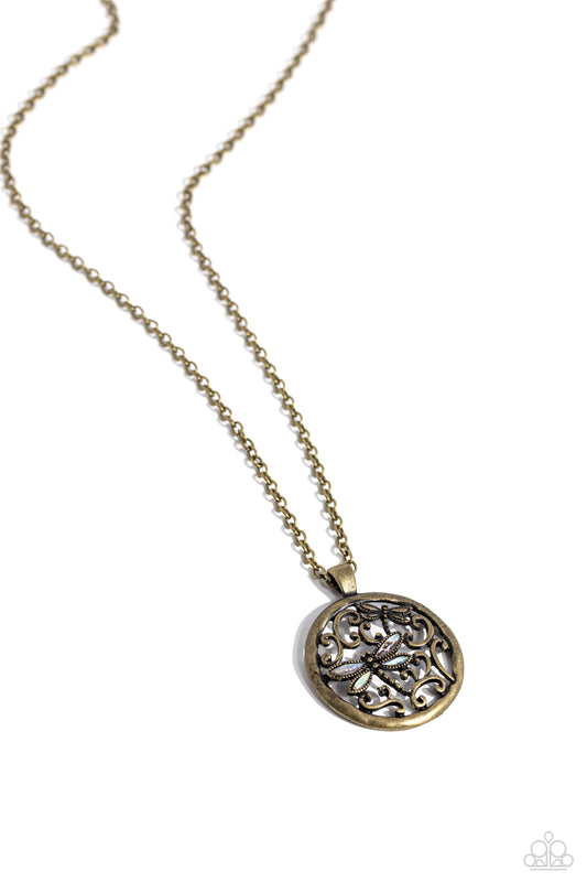 Dragonfly Daydream - Brass Pendant Necklace - Paparazzi Accessories