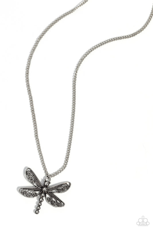 Dragonfly Dance - Silver Dragonfly Pendant Necklace - Paparazzi Accessories