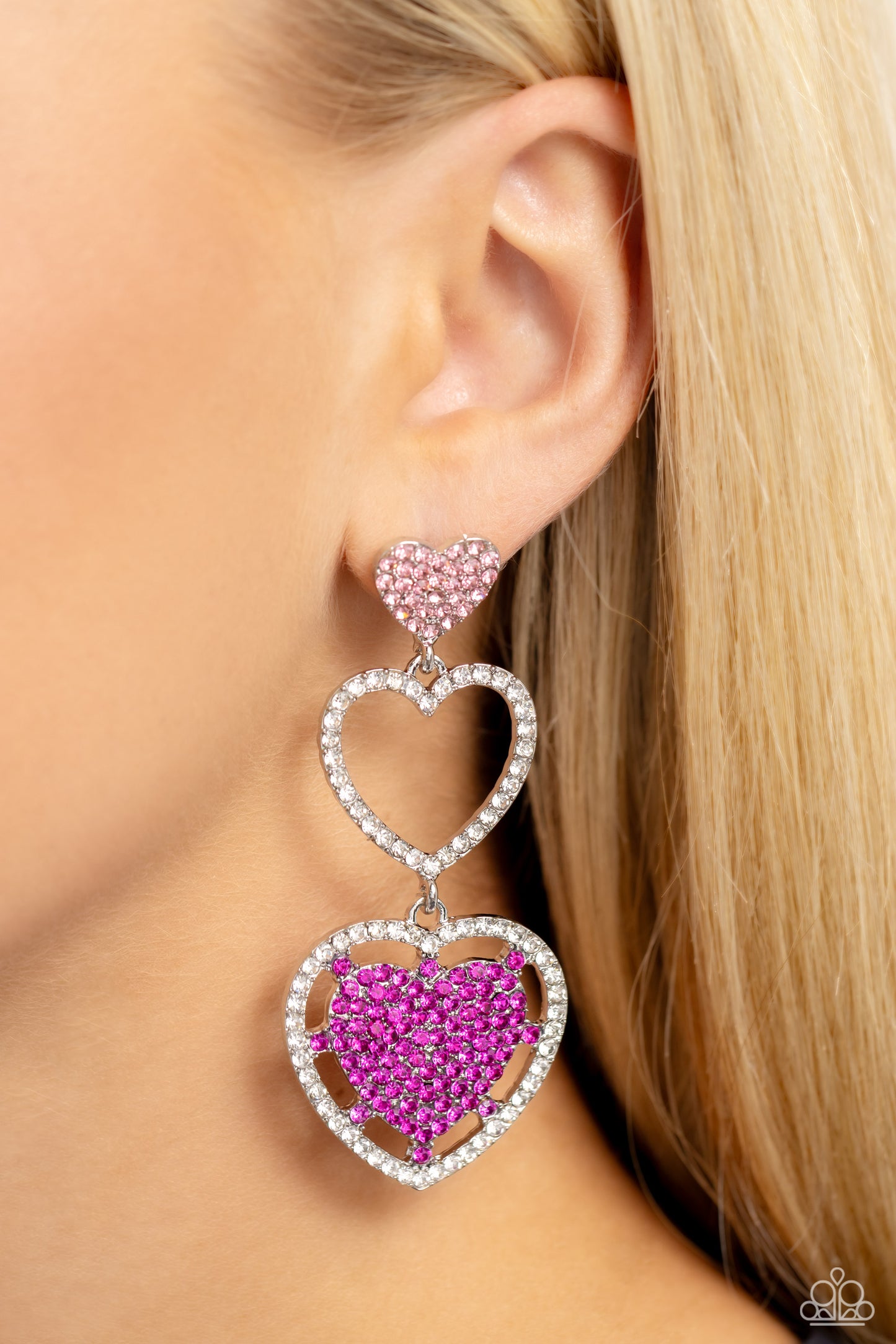 Couples Celebration - Pink Rhinestone Hearts Post Earrings - Paparazzi Accessories