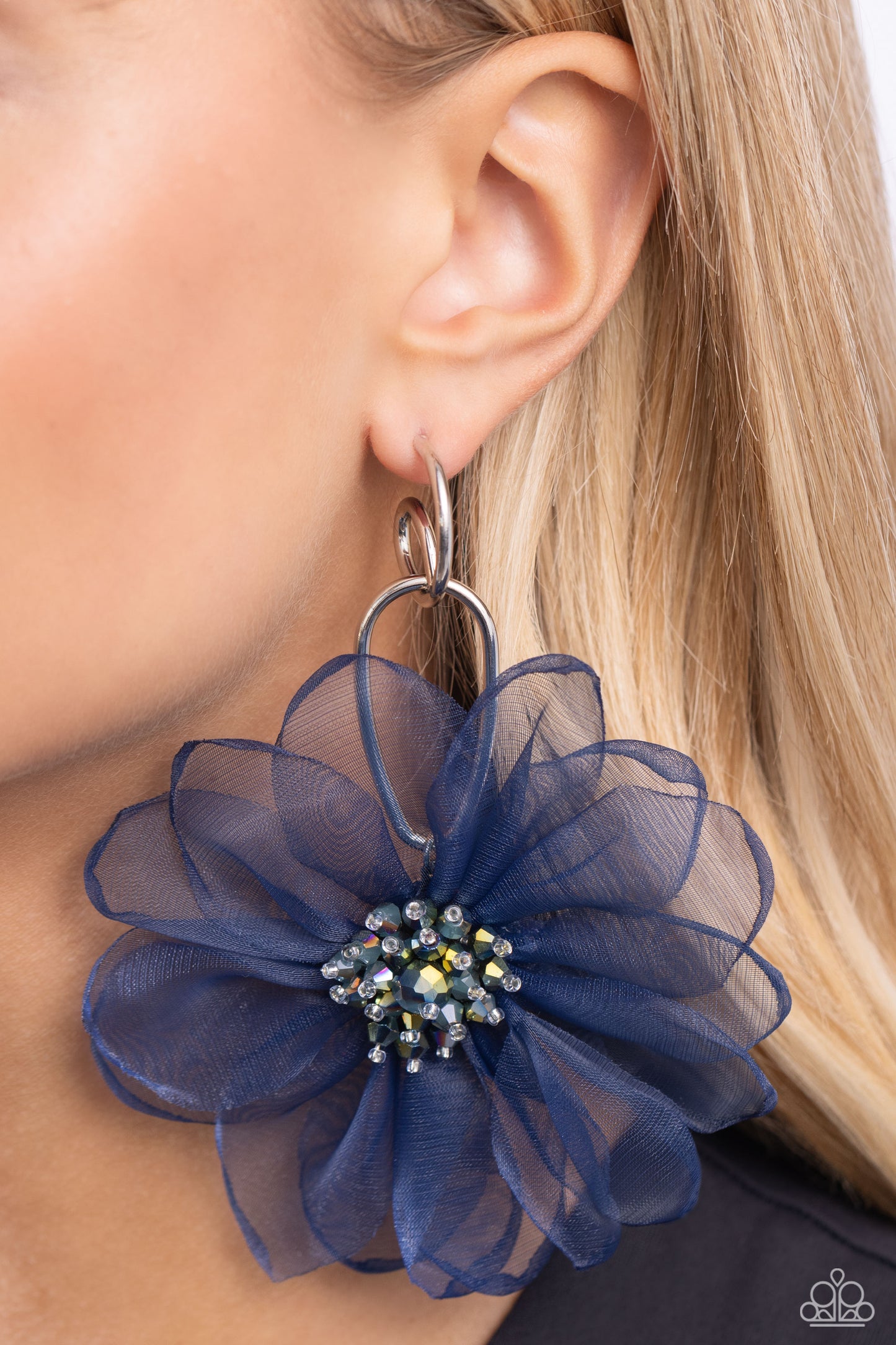 Cosmopolitan Chiffon - Blue Flower Drop Hoop Earrings - Paparazzi Accessories