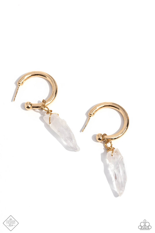 Excavated Elegance - Gold - Clear Stone Drop Hoop Earrings - Paparazzi Accessories
