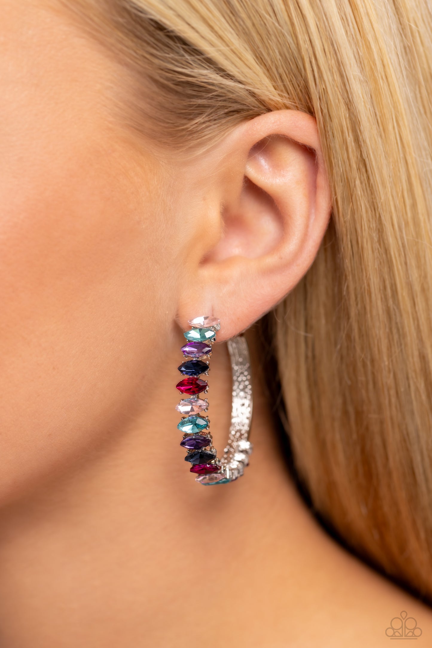 Rainbow Range - Multi Marquise Rhinestone Hoop Earrings - Paparazzi Accessories