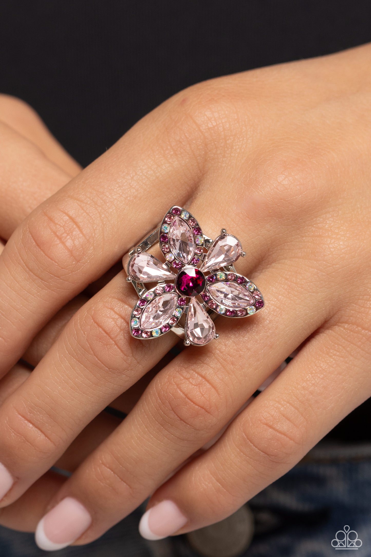 Blazing Blooms - Pink Rhinestone Flower Ring - Paparazzi Accessories