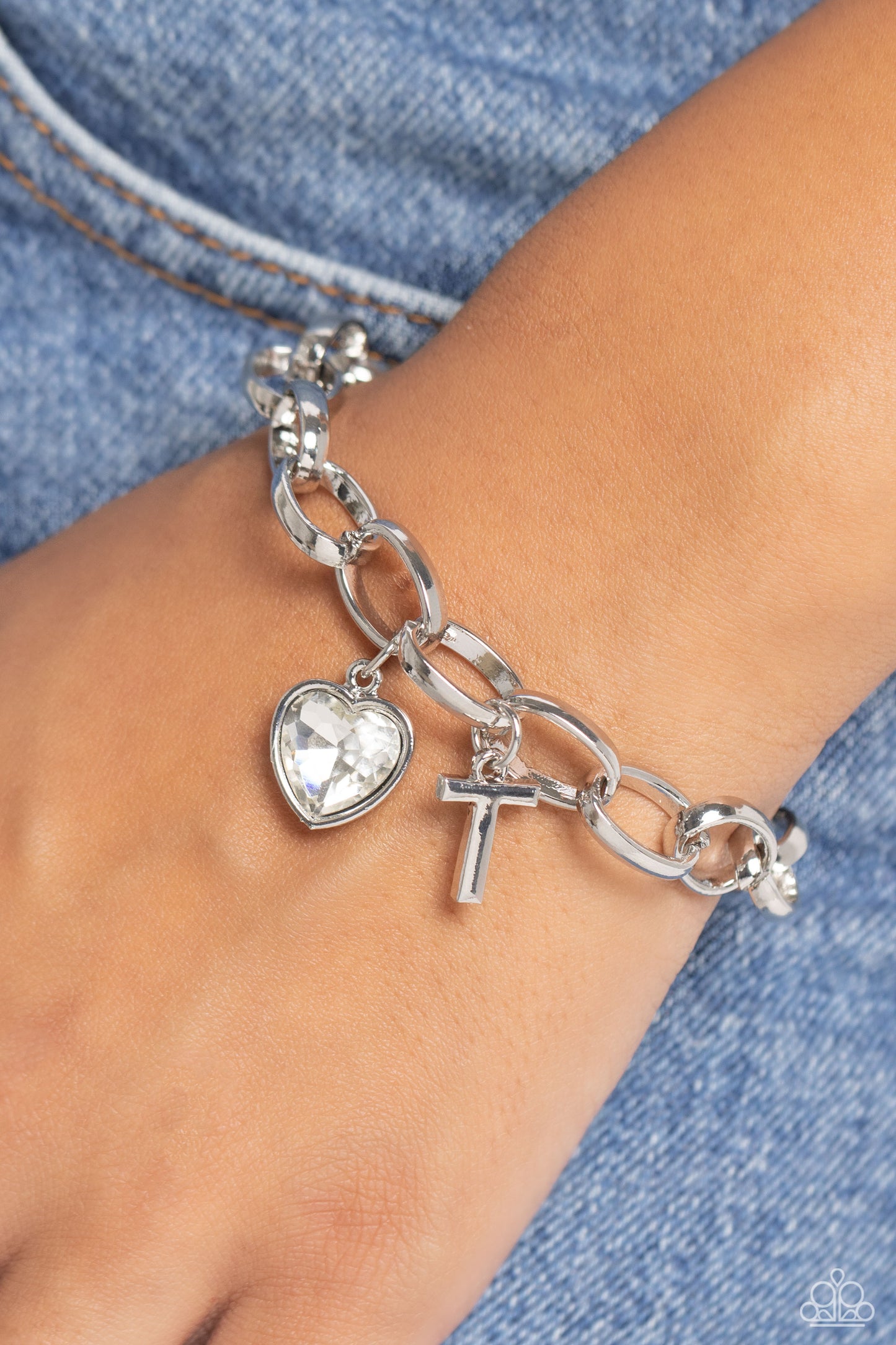 Guess Now Its INITIAL - White - T - Letter and Heart Charm Clasp Closure Bracelet - Paparazzi Accessories