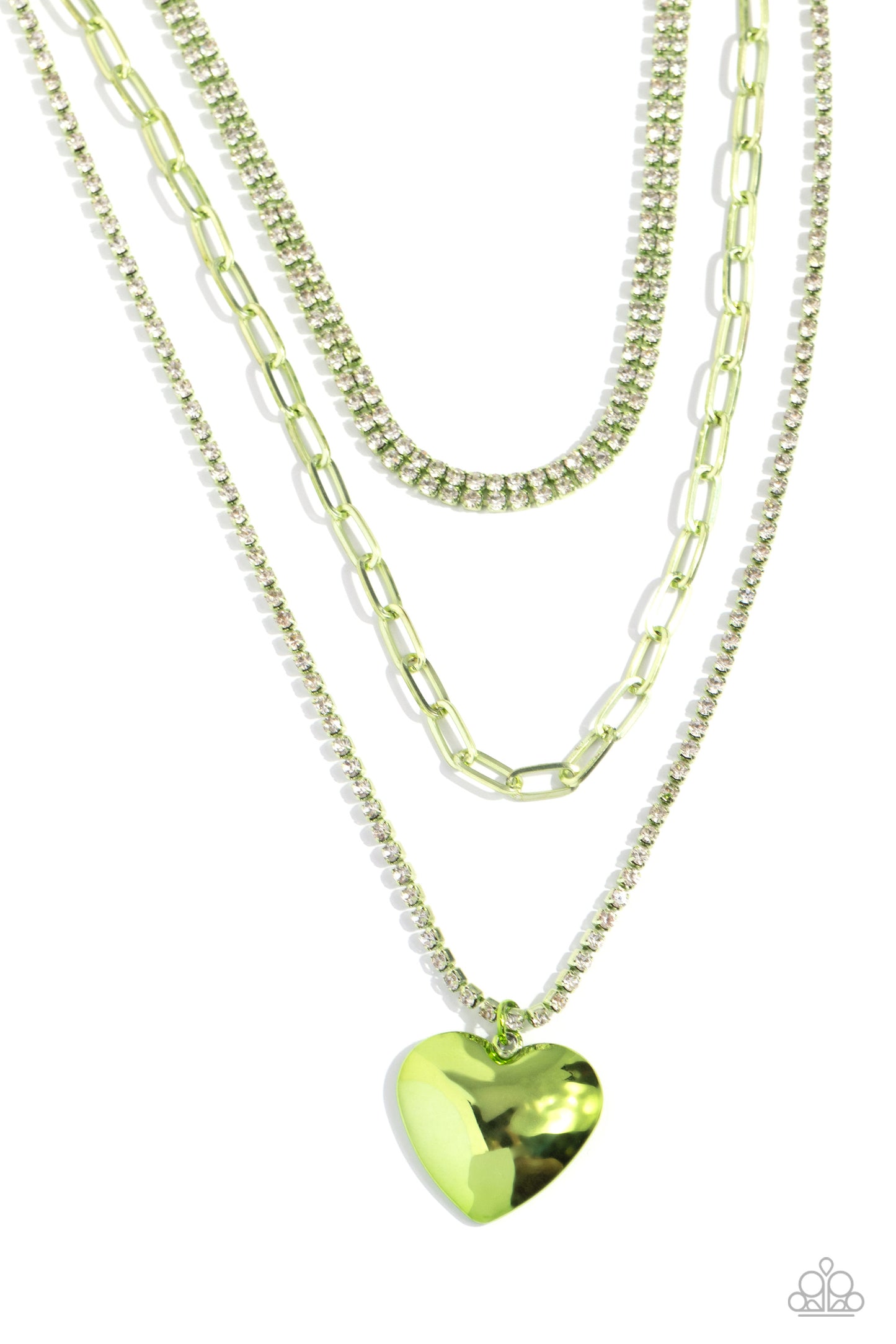 Caring Cascade - Green Metal Layered Heart Pendant Necklace - Paparazzi Accessories