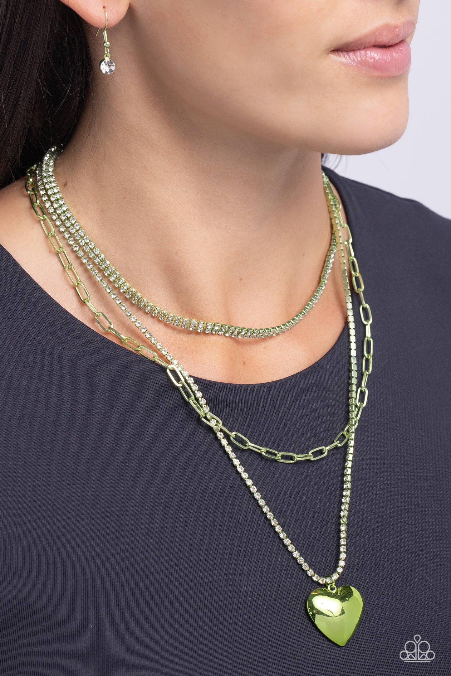 Caring Cascade - Green Metal Layered Heart Pendant Necklace - Paparazzi Accessories