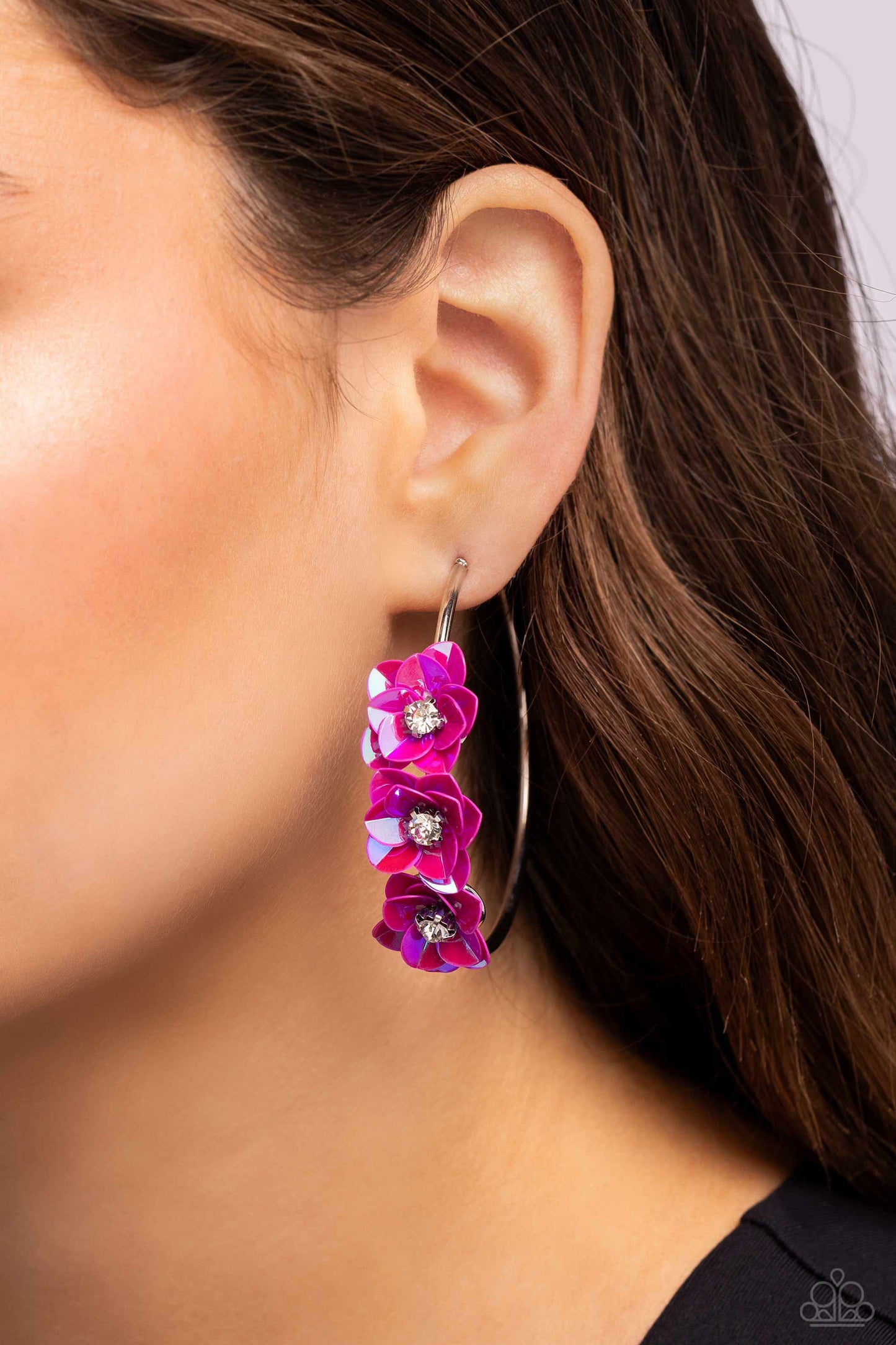 Ethereal Embellishment - Pink - Sequin Flower Hoop Earrings - Paparazzi Accessories