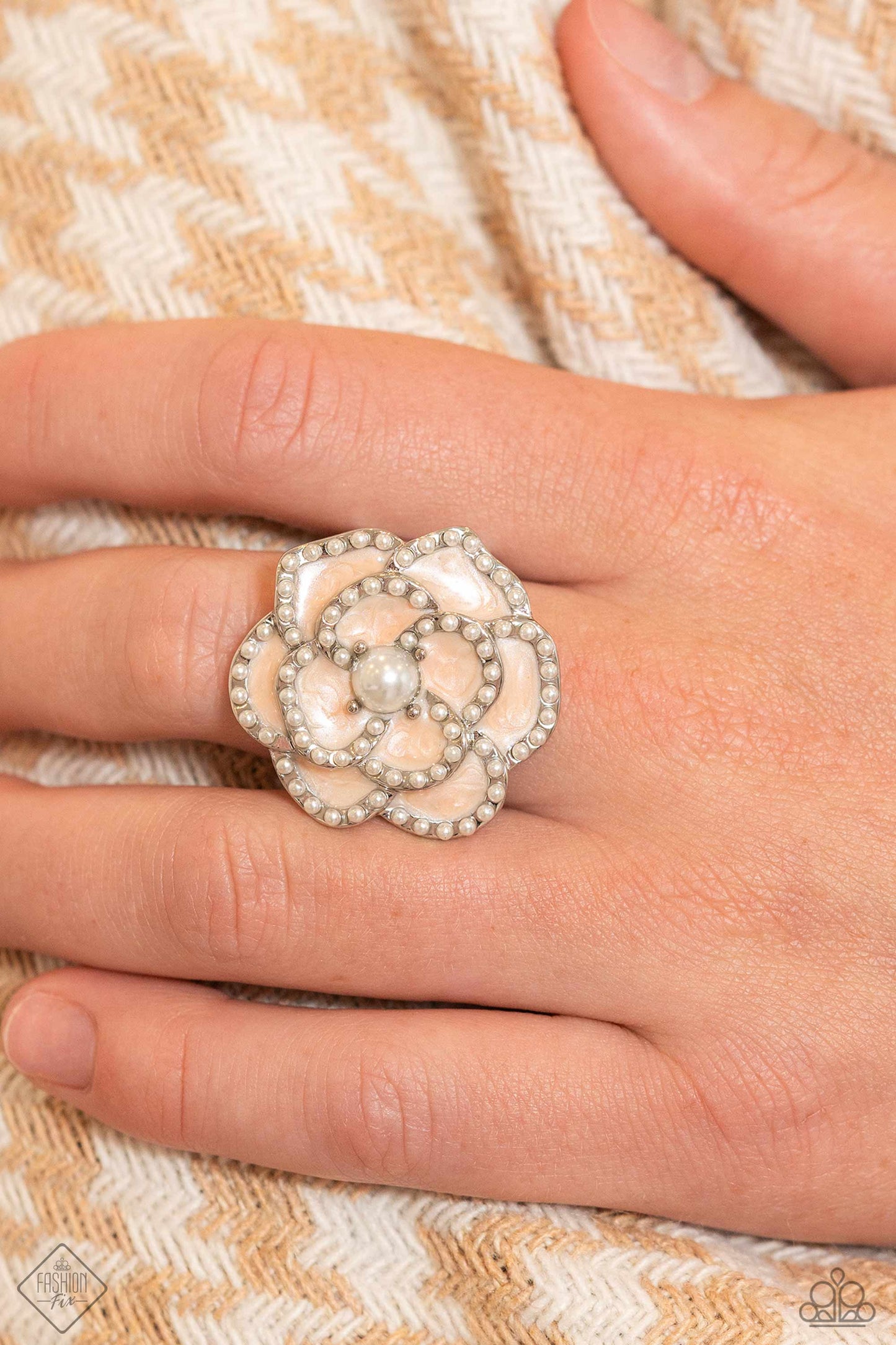 Debonair Delight - White Flower Ring - Paparazzi Accessories