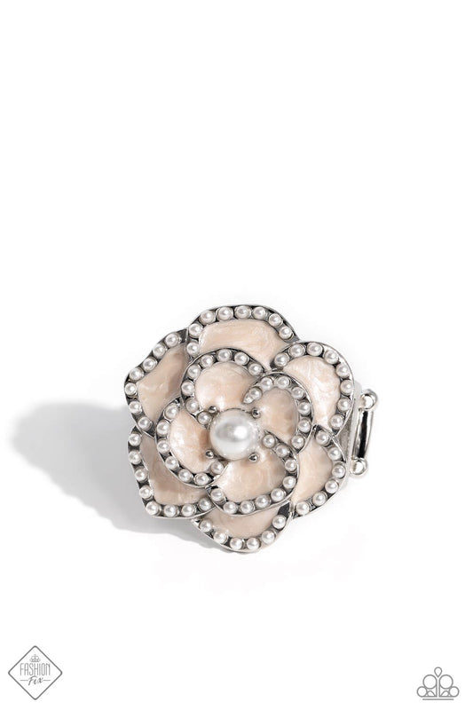 Debonair Delight - White Flower Ring - Paparazzi Accessories