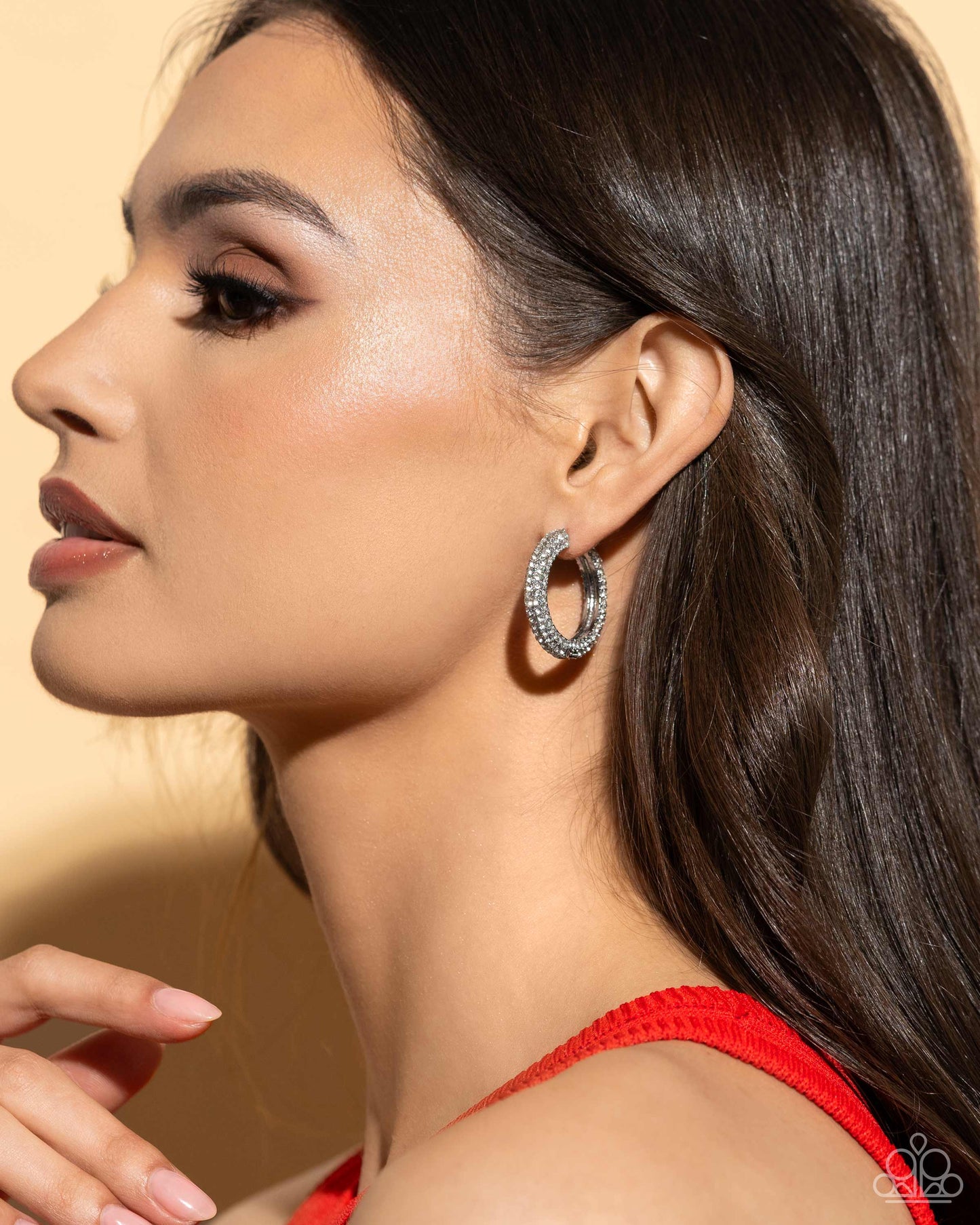 Glowing Praise - White Hinge Hoop Earrings - Paparazzi Accessories