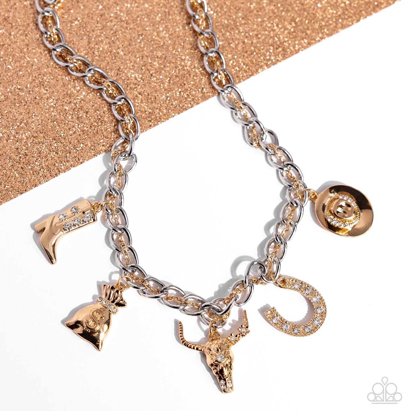 Cowboy Collection - Gold Charm Necklace - Empower Me Pink Exclusive - Paparazzi Accessories