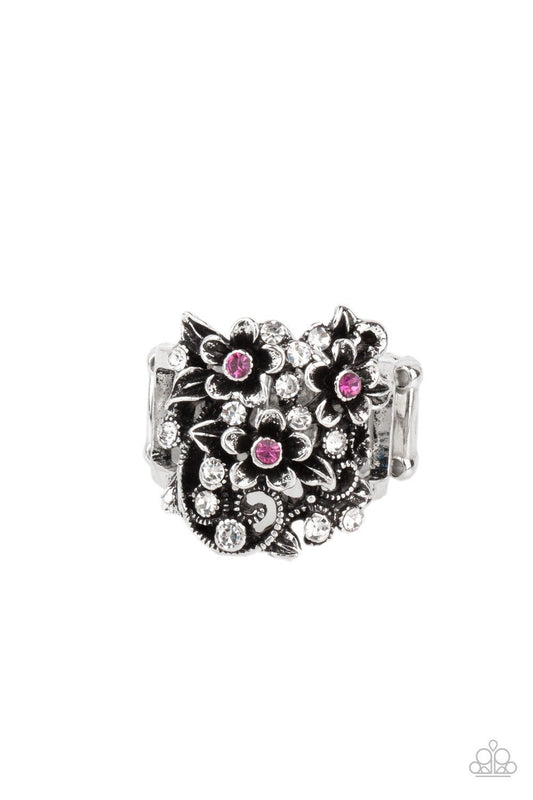 Perfectly Perennial - Pink Rhinestone Flower Ring - Paparazzi Accessories