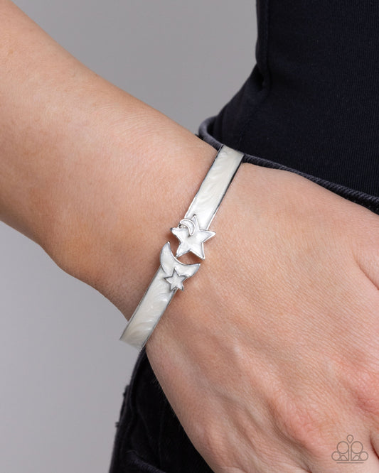 Celestial Cutie - White Pearl Painted Silver Moon & Star Hinge Bracelet - Paparazzi Accessories