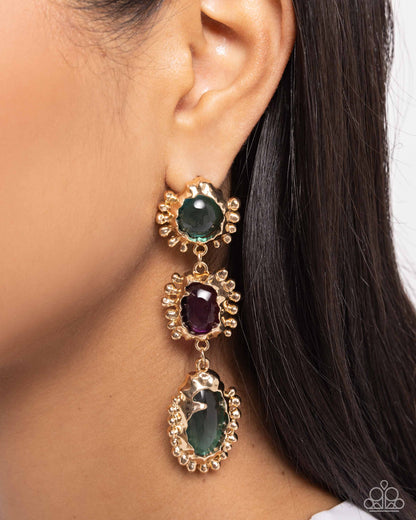 Emotional Elegance - Green & Purple Transparent Bead Gold Post Earrings - Paparazzi Accessories