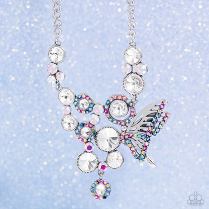 As Luck Would HALF It - White - Iridescent Gem Butterfly Necklace - Black Diamond Exclusive - Paparazzi Accessories