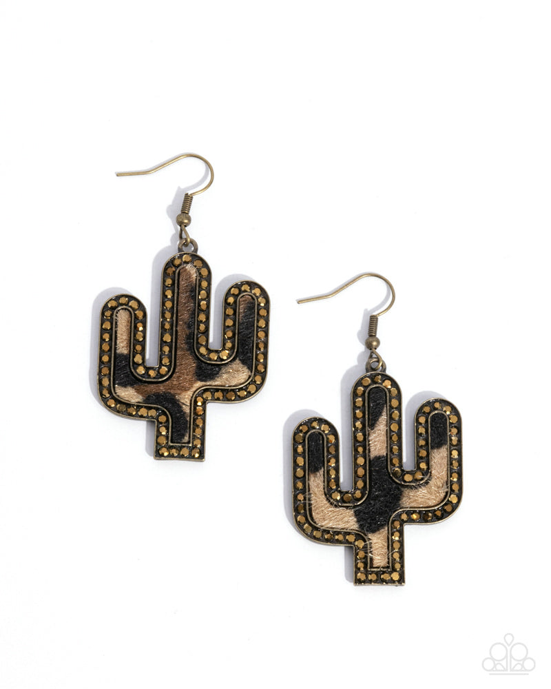 Western Worth - Brass - Fuzzy Cow Print Cactus Fishhook Earrings - Fall 2024 Meet Your Match Exclusive - Paparazzi Accessories