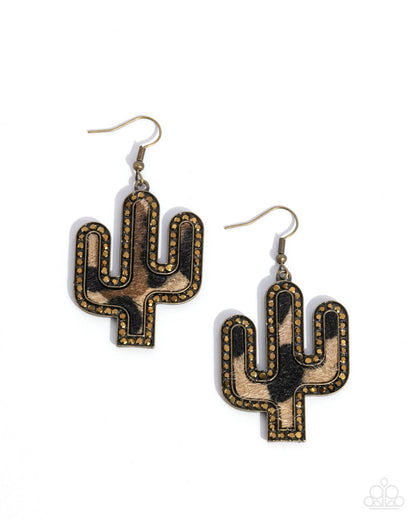 Western Worth - Brass - Fuzzy Cow Print Cactus Fishhook Earrings - Fall 2024 Meet Your Match Exclusive - Paparazzi Accessories