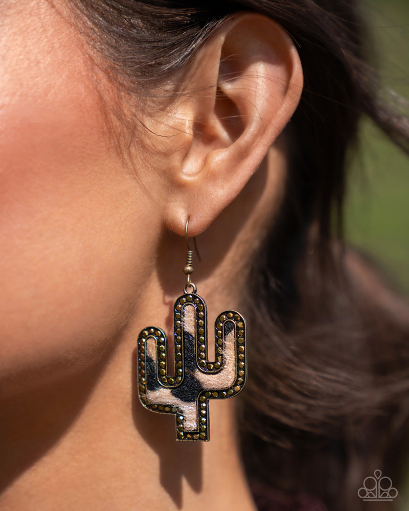 Western Worth - Brass - Fuzzy Cow Print Cactus Fishhook Earrings - Fall 2024 Meet Your Match Exclusive - Paparazzi Accessories