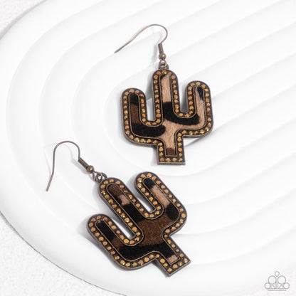 Western Worth - Brass - Fuzzy Cow Print Cactus Fishhook Earrings - Fall 2024 Meet Your Match Exclusive - Paparazzi Accessories