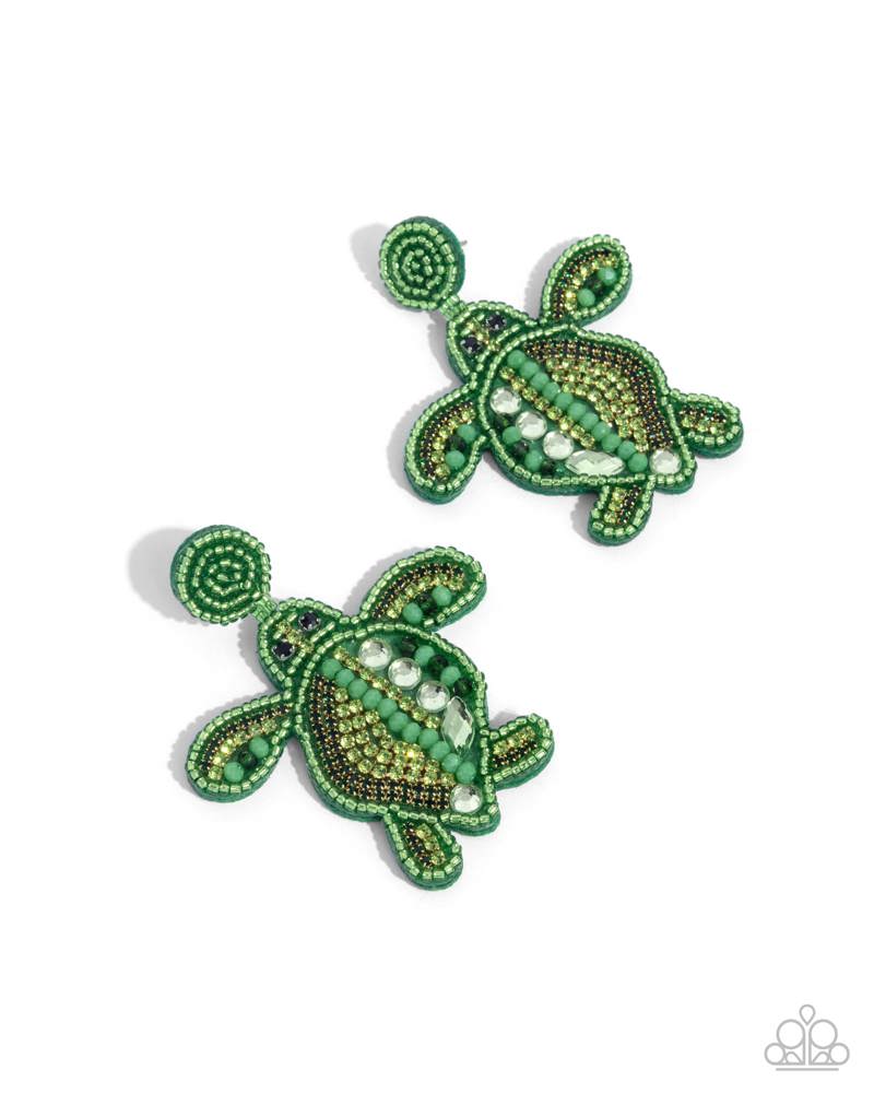 Turtle Tapestry - Green Seed Bead Post Earrings - Paparazzi Accessories