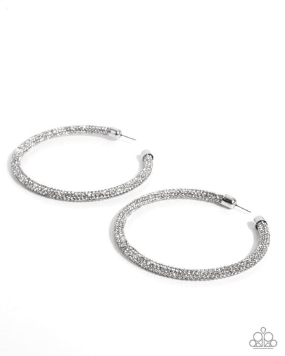 Classy Condition - White Rhinestone Encrusted Silver Hoop Earrings - Life of the Party Exclusive May 2025 - Paparazzi Accessories
