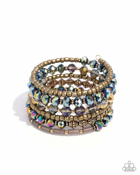 Stacked Surprise - Multi UV Shimmer, Oil Spill, & Antiqued Gold Bead Infinity Coil Bracelet - Life of the Party Exclusive May 2025 - Paparazzi Accessories