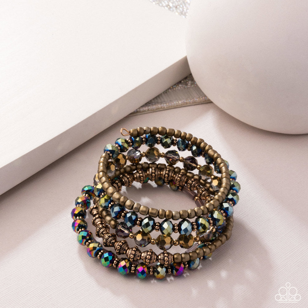 Stacked Surprise - Multi UV Shimmer, Oil Spill, & Antiqued Gold Bead Infinity Coil Bracelet - Life of the Party Exclusive May 2025 - Paparazzi Accessories