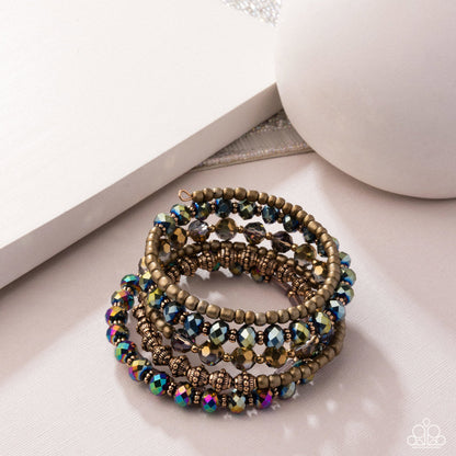 Stacked Surprise - Multi UV Shimmer, Oil Spill, & Antiqued Gold Bead Infinity Coil Bracelet - Life of the Party Exclusive May 2025 - Paparazzi Accessories