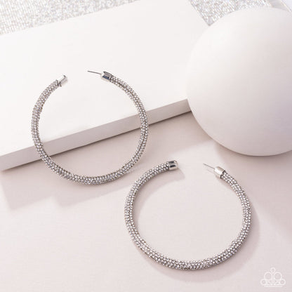 Classy Condition - White Rhinestone Encrusted Silver Hoop Earrings - Life of the Party Exclusive May 2025 - Paparazzi Accessories