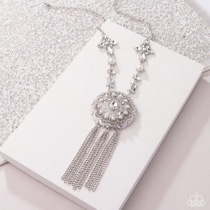 Virtuous Venture - White Rhinestone & Pearl Pendant Silver Necklace - Life of the Party Exclusive May 2025 - Paparazzi Accessories