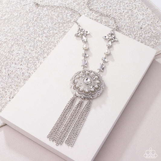 Virtuous Venture - White Rhinestone & Pearl Pendant Silver Necklace - Life of the Party Exclusive May 2025 - Paparazzi Accessories