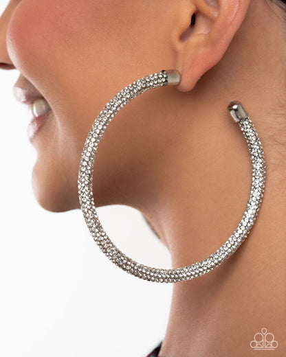 Classy Condition - White Rhinestone Encrusted Silver Hoop Earrings - Life of the Party Exclusive May 2025 - Paparazzi Accessories