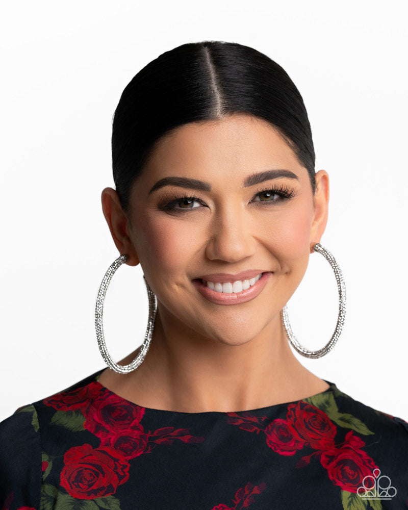 Classy Condition - White Rhinestone Encrusted Silver Hoop Earrings - Life of the Party Exclusive May 2025 - Paparazzi Accessories