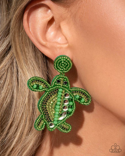 Turtle Tapestry - Green Seed Bead Post Earrings - Paparazzi Accessories
