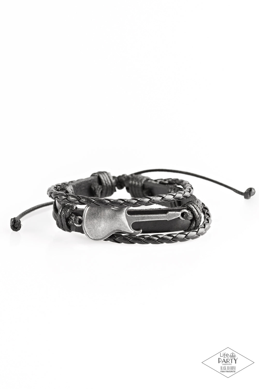Lead Guitar - Black Leather Silver Guitar Sliding Knot Bracelet - Black Diamond Exclusive - Paparazzi Accessories