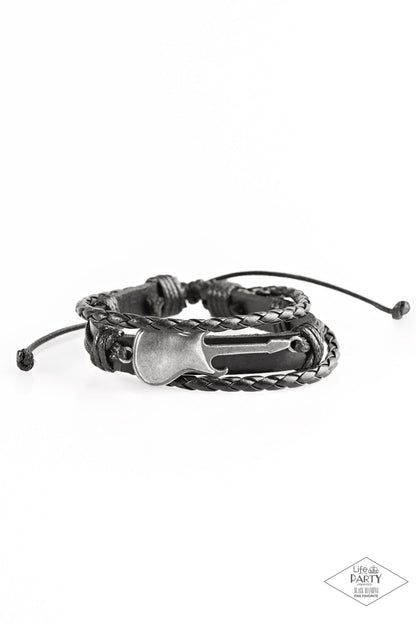 Lead Guitar - Black Leather Silver Guitar Sliding Knot Bracelet - Black Diamond Exclusive - Paparazzi Accessories