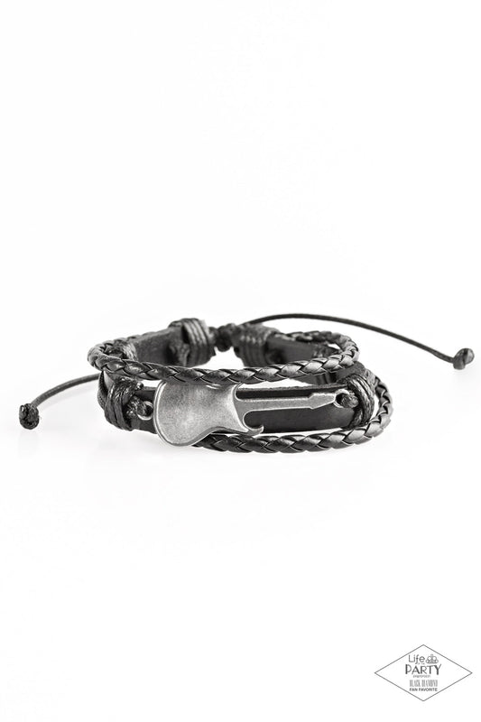 Lead Guitar - Black Leather Silver Guitar Sliding Knot Bracelet - Black Diamond Exclusive - Paparazzi Accessories