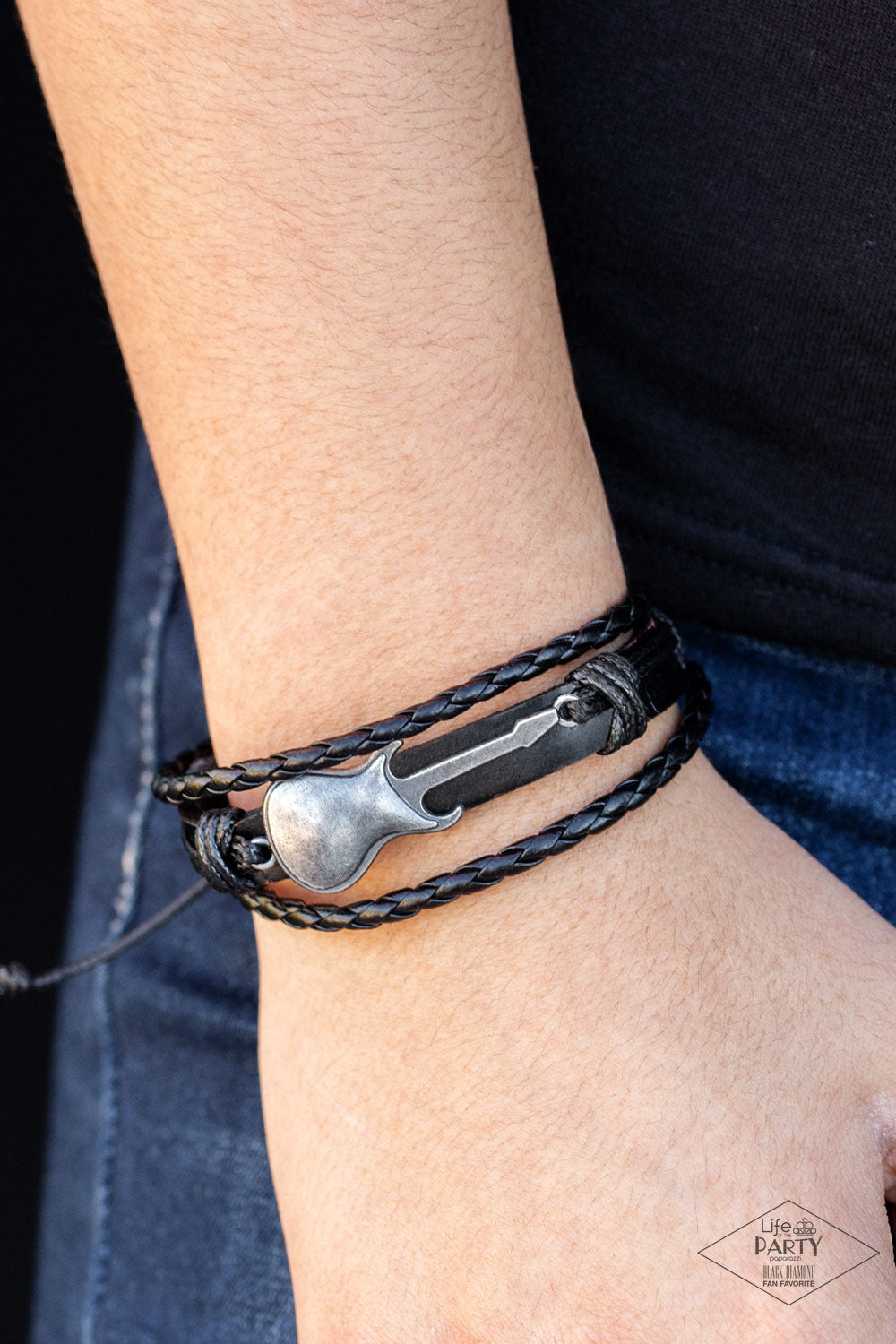 Lead Guitar - Black Leather Silver Guitar Sliding Knot Bracelet - Black Diamond Exclusive - Paparazzi Accessories