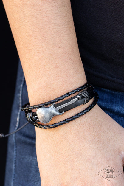 Lead Guitar - Black Leather Silver Guitar Sliding Knot Bracelet - Black Diamond Exclusive - Paparazzi Accessories