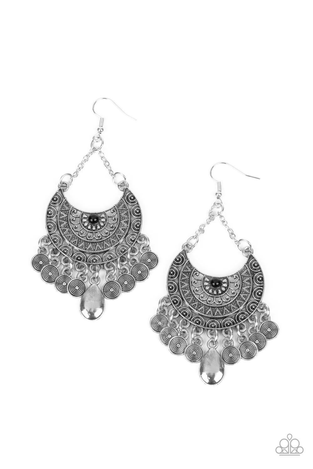 Lunar Allure - Black - Silver Crescent Chandelier Fishhook Earrings - Paparazzi Accessories