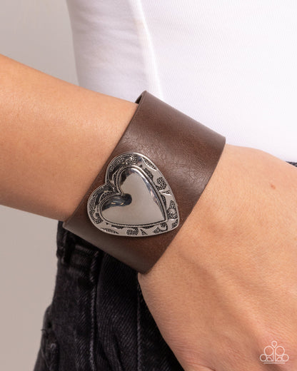 Decorated Debut - Brown Leather Silver Heart Wrap Bracelet - Paparazzi Accessories