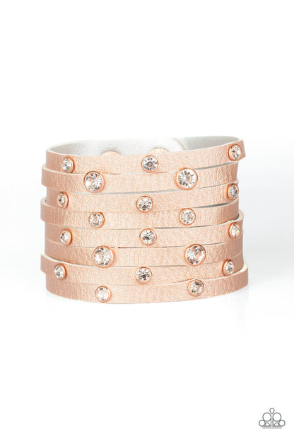 Go-Getter Glamorous - Copper Metallic Leather White Rhinestone Silver Snap Wrap Bracelet - Paparazzi Accessories