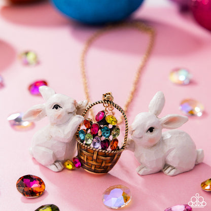 Easter Basket Brilliance - Multi Rhinestone Gold Pendant Necklace - Paparazzi Accessories