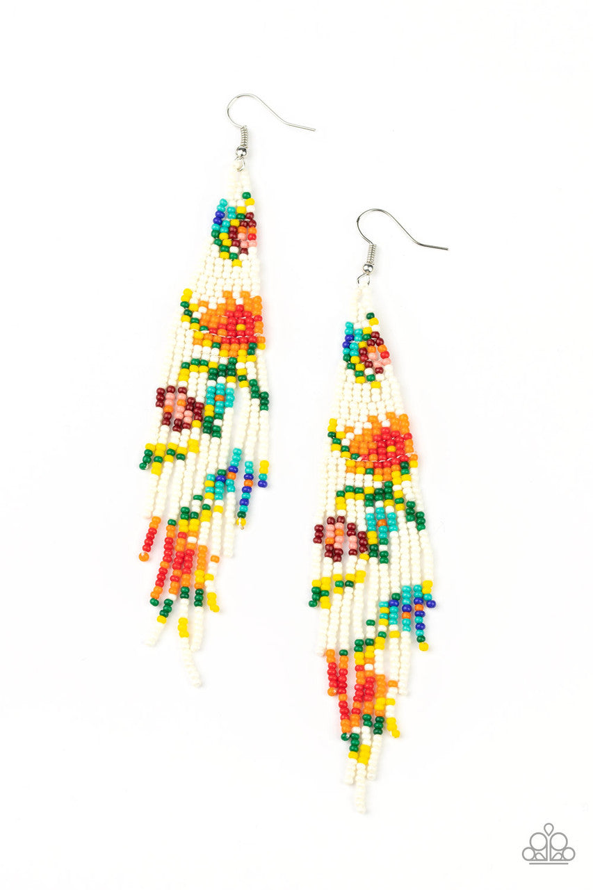 Beaded Gardens - White - Seed Bead Flower Fishhook Earrings - Black Diamond Exclusive - Paparazzi Accessories