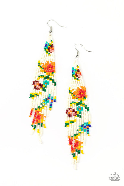 Beaded Gardens - White - Seed Bead Flower Fishhook Earrings - Black Diamond Exclusive - Paparazzi Accessories