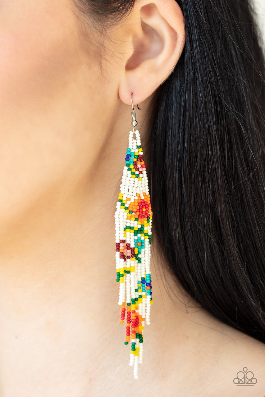 Beaded Gardens - White - Seed Bead Flower Fishhook Earrings - Black Diamond Exclusive - Paparazzi Accessories