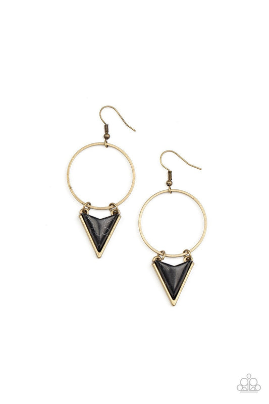 Sahara Shark - Brass - Black Stone Triangle Earrings - Paparazzi Accessories