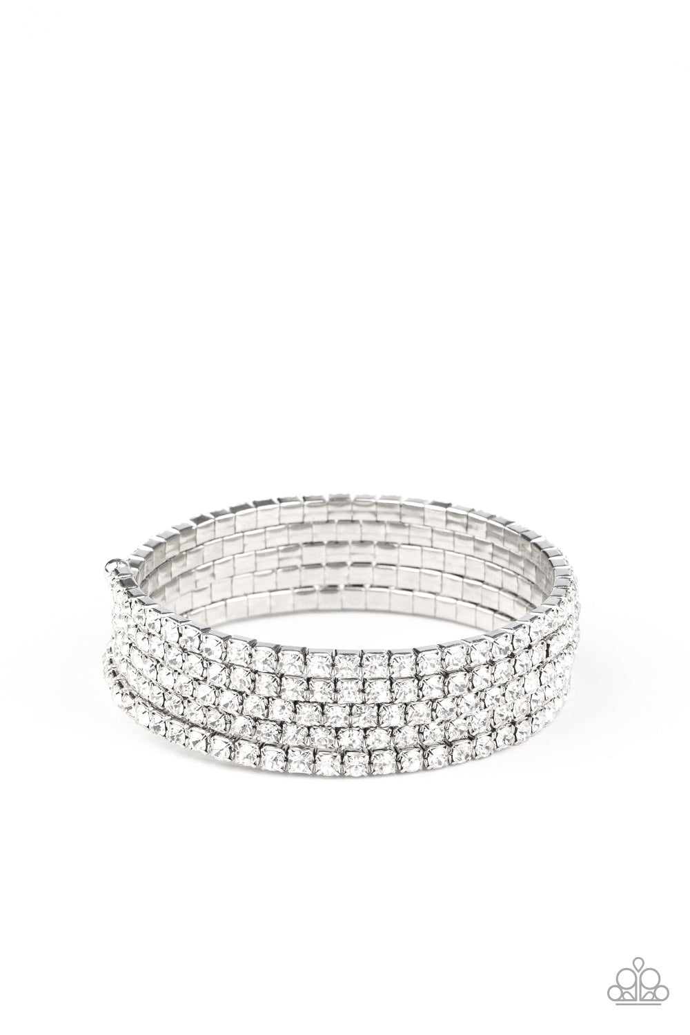 The GLOW-Digger - White Rhinestone Silver Coil Bracelet - Black Diamond Exclusive - Paparazzi Accessories