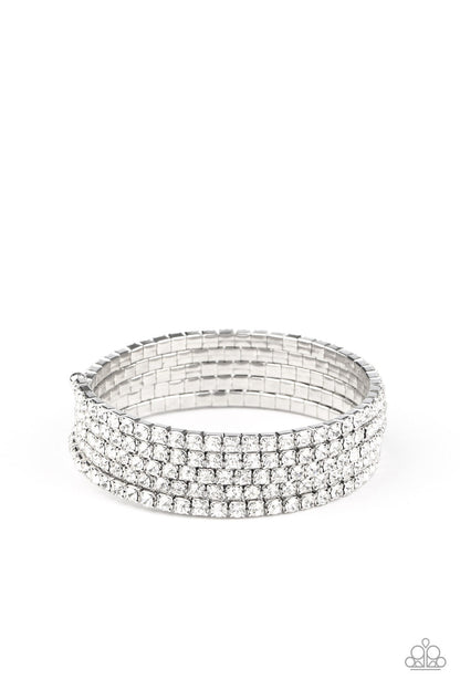 The GLOW-Digger - White Rhinestone Silver Coil Bracelet - Black Diamond Exclusive - Paparazzi Accessories